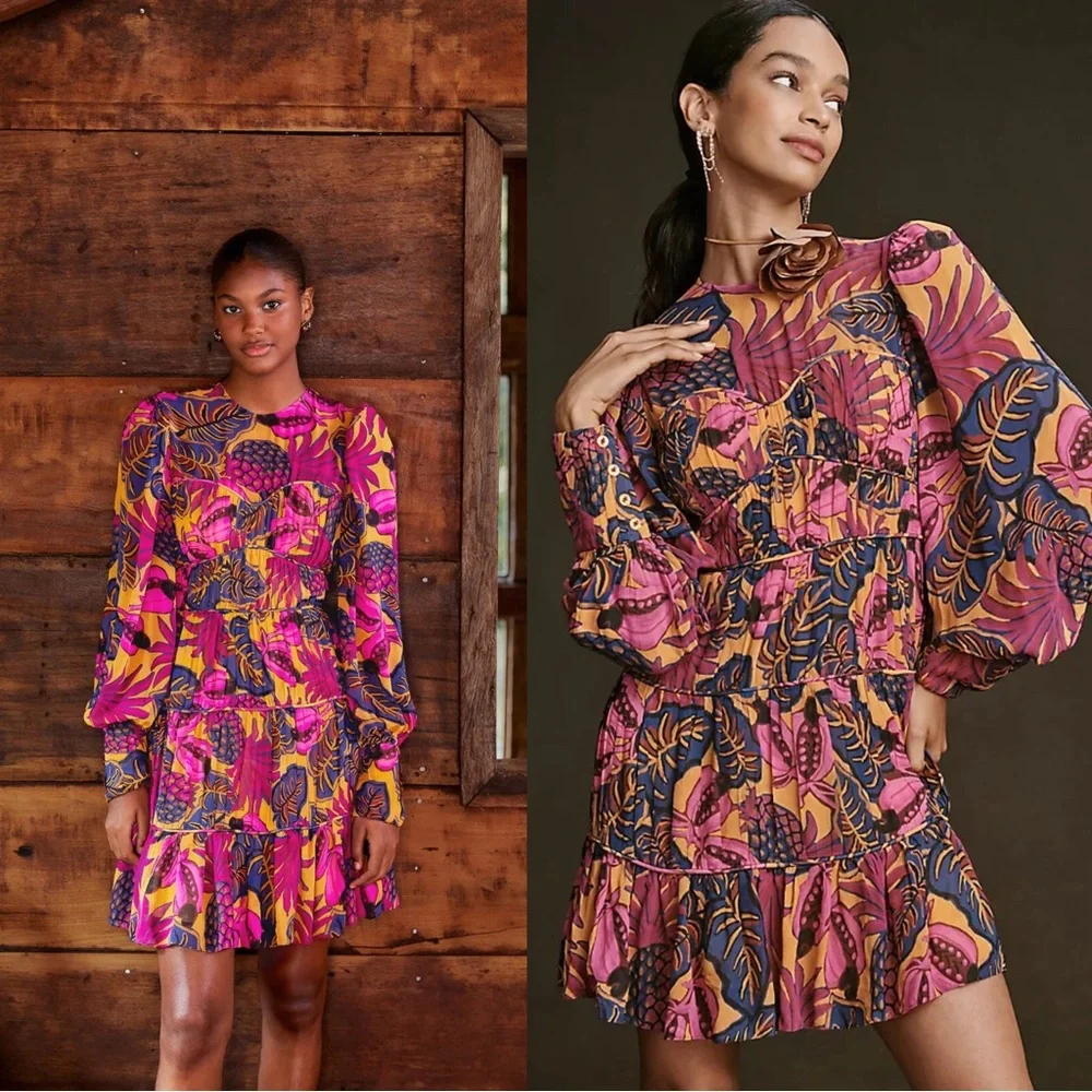 NWT FARM Rio Fruit Dream Pleated Tiered Dress